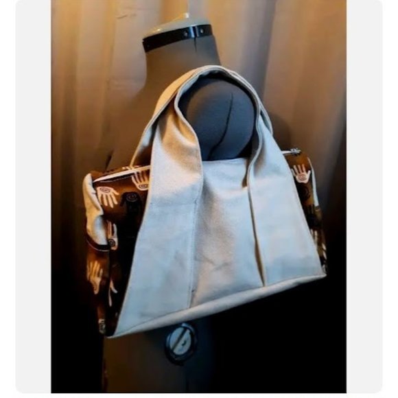 Hamsa Hands Boho vibe Purse Double handle Brown Pink print Ivory denim 12x8x5" - Picture 2 of 8